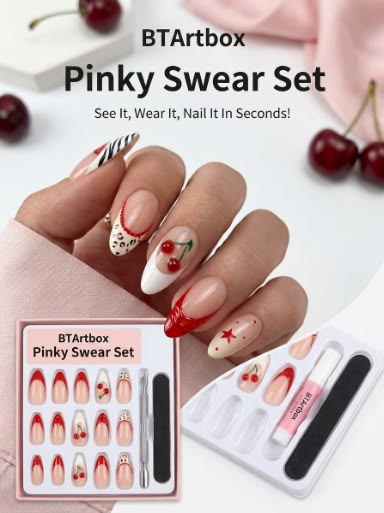 BTArtbox 3D Cherry French Tip Press On Nails