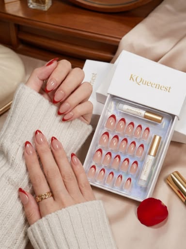 Red French Tip Press On Nails Short Almond