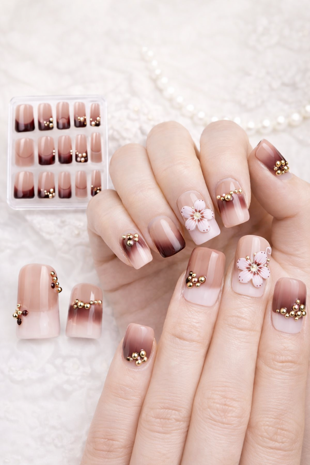 Handmade Press on Nails Short Duck Burgundy Ombre 3D Cherry Flower Y2K Gold Beads