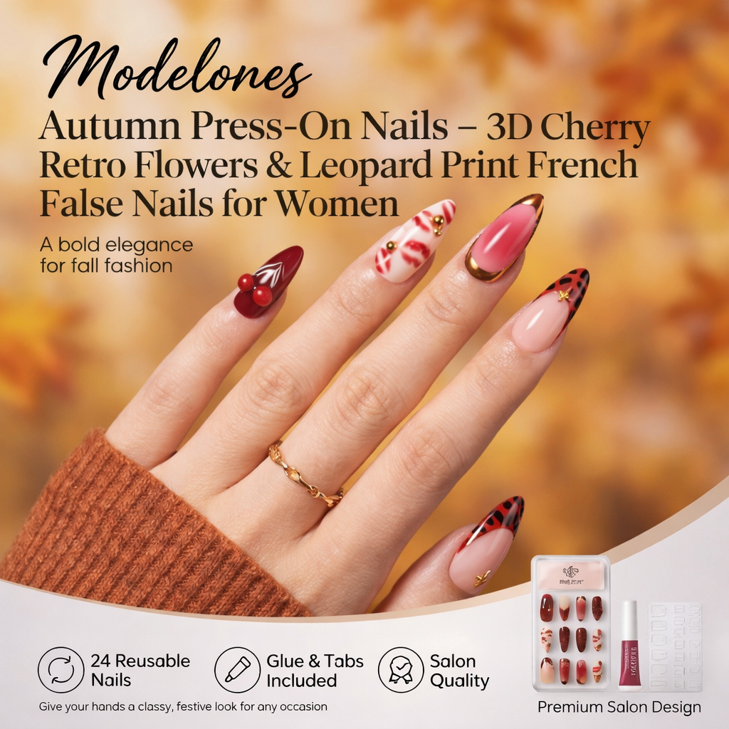 24PCS Autumn Press on Nails 3D Cherry Retro Flowers