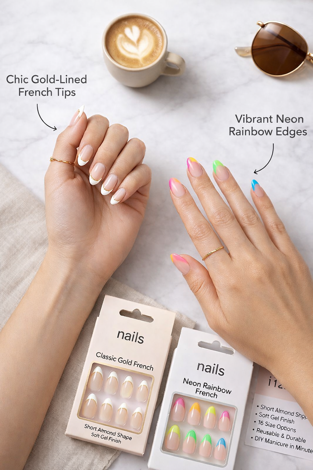 BTArtbox Press On Nails Short Neon Rainbow French Tip