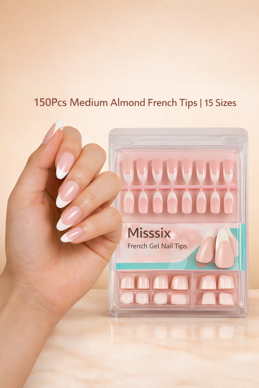 Misssix French Gel Nail Tips 150Pcs Medium Almond Pink