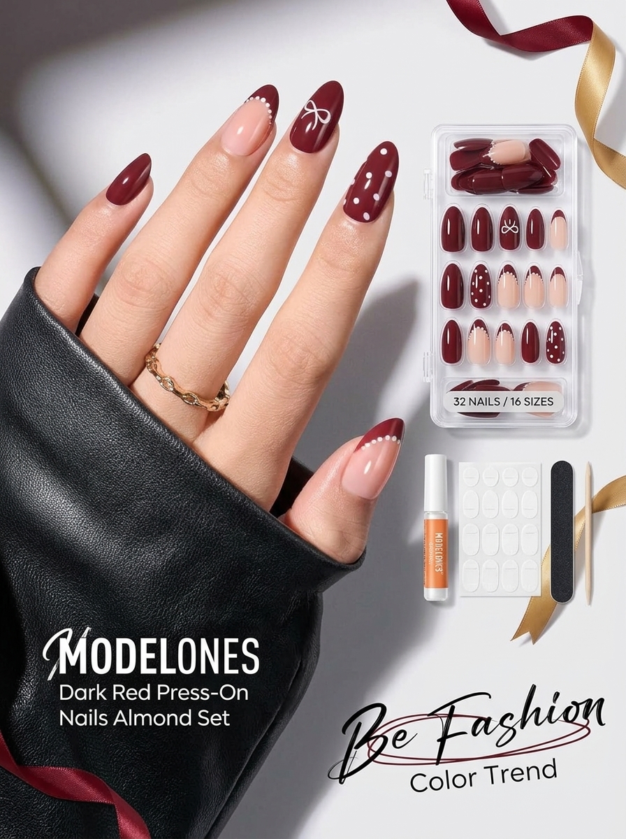 Modelones Dark Red Press on Nails Almond Burgundy French Tip Polka Dot Bow